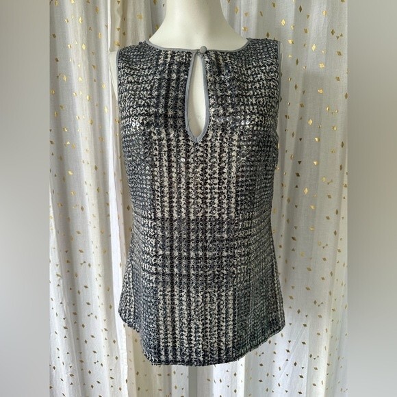 Tory Burch Bristol Plaid Sequins Keyhole Sleeveless Silk Lined Blouse Top Size 4 - Picture 2 of 5